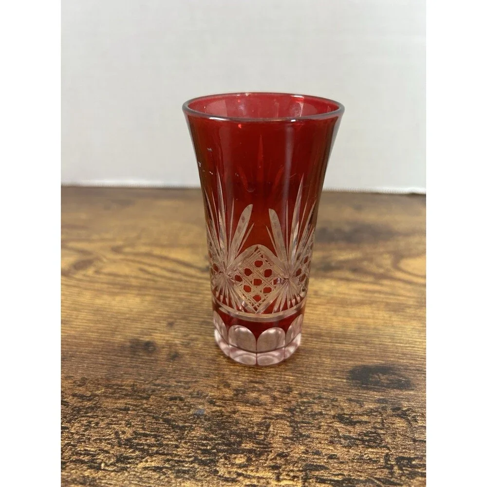 Lot Of 3 Vintage Ruby Cut To Clear Cordial Glasses Candle Holder Decor Displays